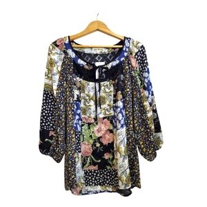 HOPE SPRINGS Floral Bohemian Poets Tunic Mixed Media New Large Black Multi Color